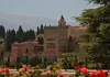 View of the Alhambra in Granada, showing its towers and surrounding cypress trees with mountains in the distance.