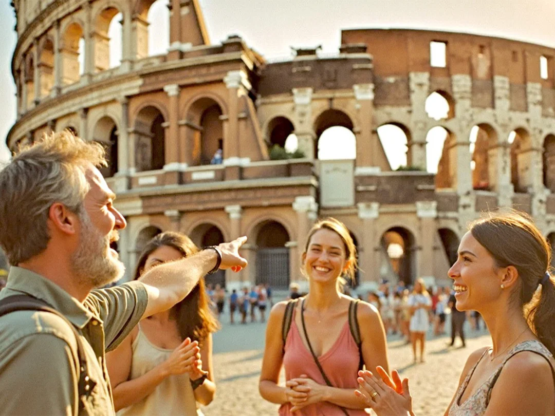 A woman looking at the Colosseum.