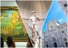 A collage showing birth of venus, david and the duomo in florence