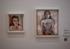 Two expressive portrait paintings side by side, capturing different artistic styles in a museum setting.
