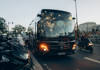 Coach bus leaving paris on a day trip to Mont Saint-Michel