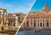 Split image showing the Roman Forum ruins on one side and St. Peter’s Basilica exterior on the other