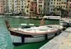 Traditional wooden boat docked in the harbor of Portovenere with colorful waterfront buildings in the background.