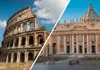 Split image showing the Roman Forum ruins on one side and St. Peter’s Basilica exterior on the other