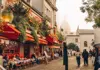 Traditional Parisian cafés and restaurants along a charming street