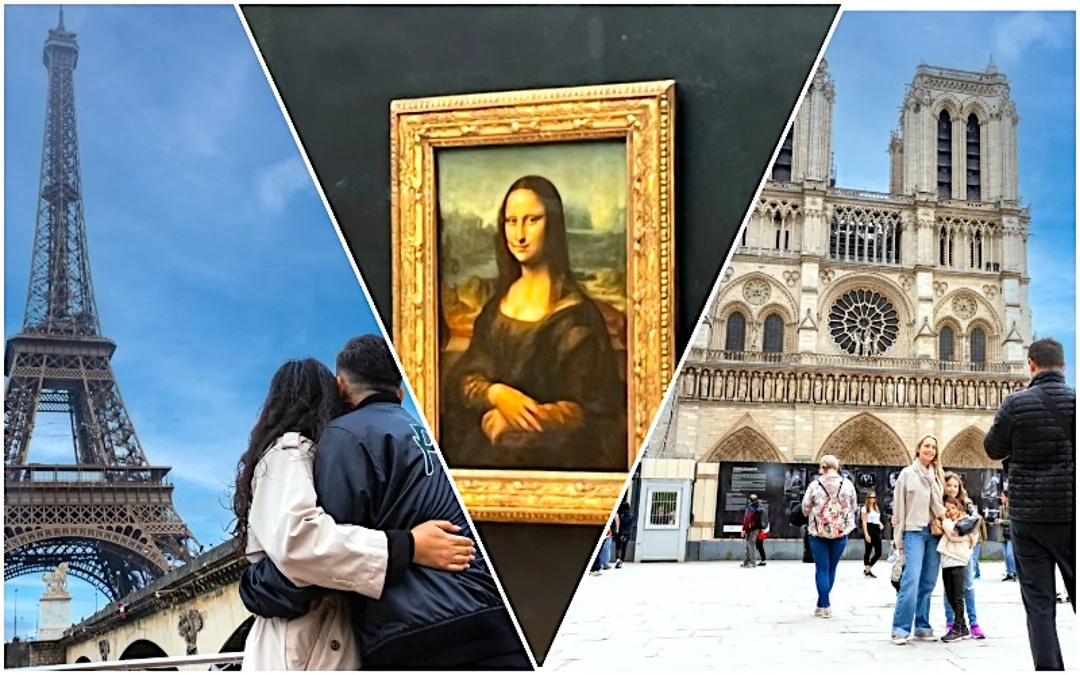 Customers with a tour guide on a boat on the Seine River in Paris in front of the Eiffel Tower.