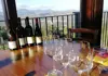 Wine bottles and empty tasting glasses arranged on a table with scenic mountain views.
